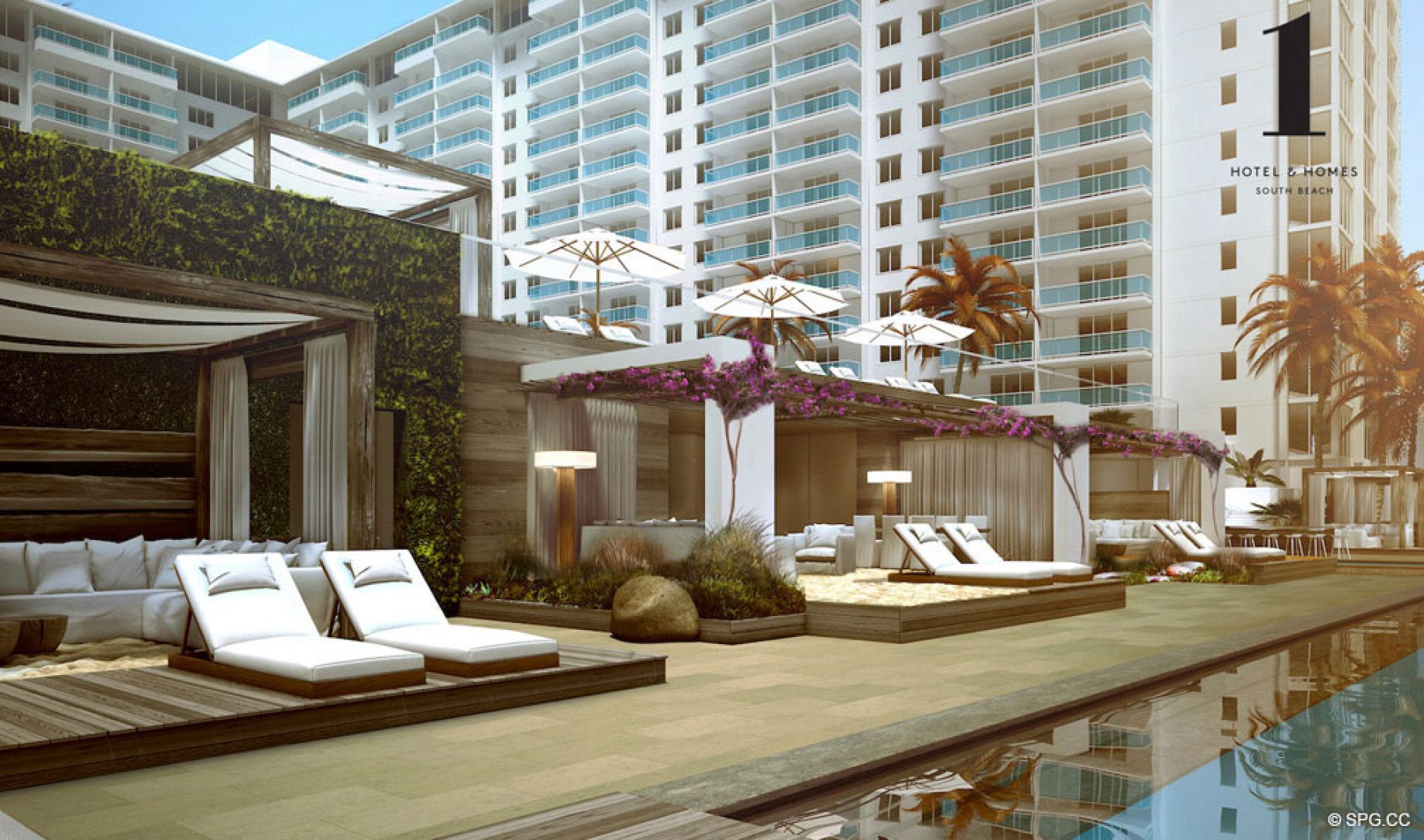 Cabanas à beira da piscina em um Hotel & Homes, South Beach Oceanfront Luxury Condominiums Localizado na 2399 Collins Ave, Miami Beach, FL 33139