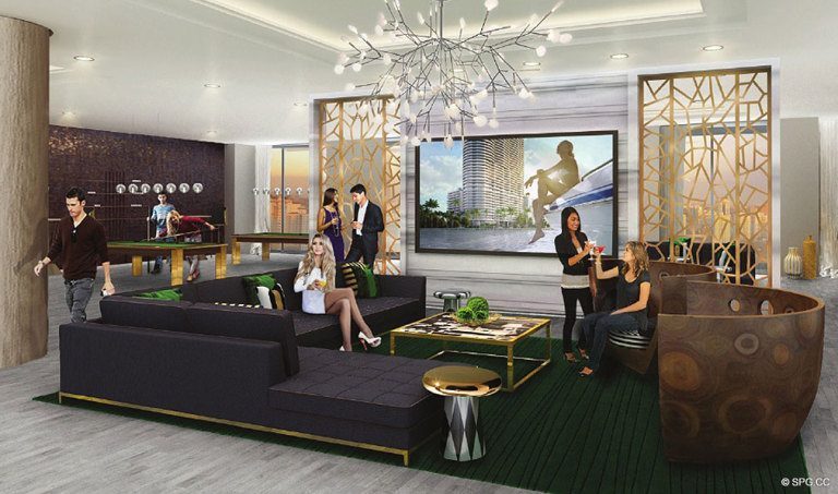 Área Lounge at Aria on the Bay, Condominiums Waterfront de luxo localizado na 1770 North Bayshore Drive, Miami, FL 33132