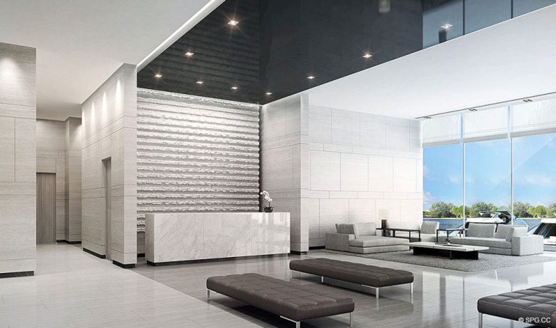 Lobby Reception Design for Riva, Luxury Waterfront Condos in Fort Lauderdale, Florida 33304.