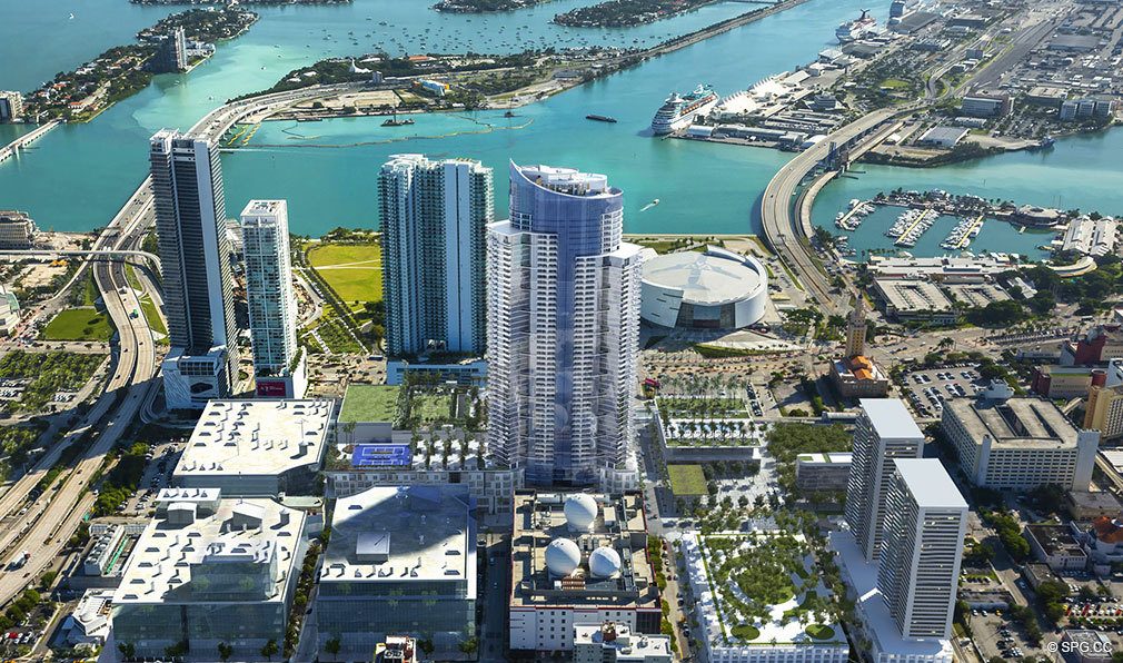 Aerial View of Paramount Miami Worldcenter, Luxury Seaside Condos in Miami, Florida 33132.
