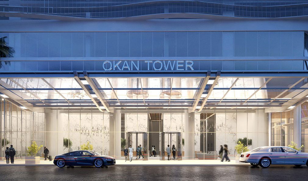 Entrance into Okan Tower, Luxury Condos in Miami, Florida 33136
