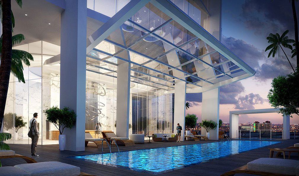Evenings poolside at Okan Tower, Luxury Condos in Miami, Florida 33136