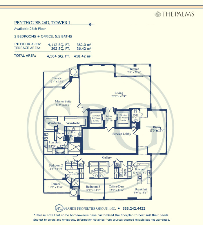 Luxury Residence 26D, Tower I at The Palms Condominium Floorplan 26D, Tower I at The Palms Condominium