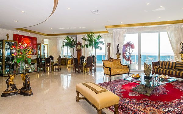 Large Open Living Room inside Oceanfront Penthouse Residence 2 at L'Hermitage, Fort Lauderdale, Florida 33308