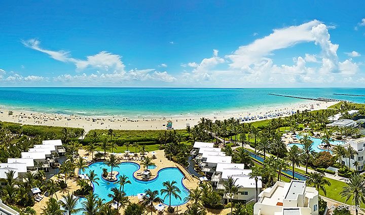 View of the Pool Area and Beach from Residence 1402/3 at The Continuum, Luxury Oceanfront Condominiums in Miami Beach, Florida 33139.