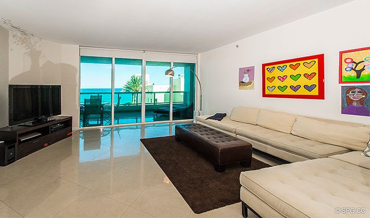 Living Room inside Residence 803 at Las Olas Beach Club, Luxury Oceanfront Condos in Fort Lauderdale, Florida 33316.