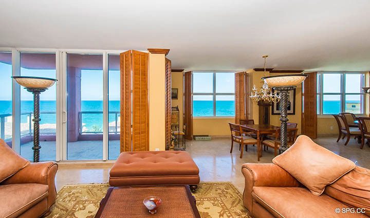 Living Room Ocean Views from Residence 9B, Tower I at The Palms, Luxury Oceanfront Condos in Fort Lauderdale, Florida 33305.