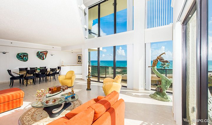 Two Story Living Room in Residence 3-501 For Sale at Oasis, Luxury Oceanfront Condos in Palm Beach, Florida 33480.