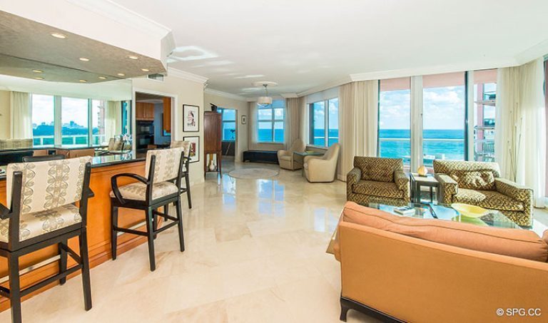 Great Room with Ocean Views in Residence 15E, Tower II at The Palms, Luxury Oceanfront Condos in Fort Lauderdale, Florida 33305.