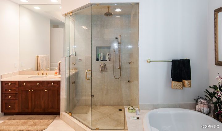 Large Master Bath inside Residence 508 at Bellaria, Luxury Oceanfront Condominiums in Palm Beach, Florida 33480.