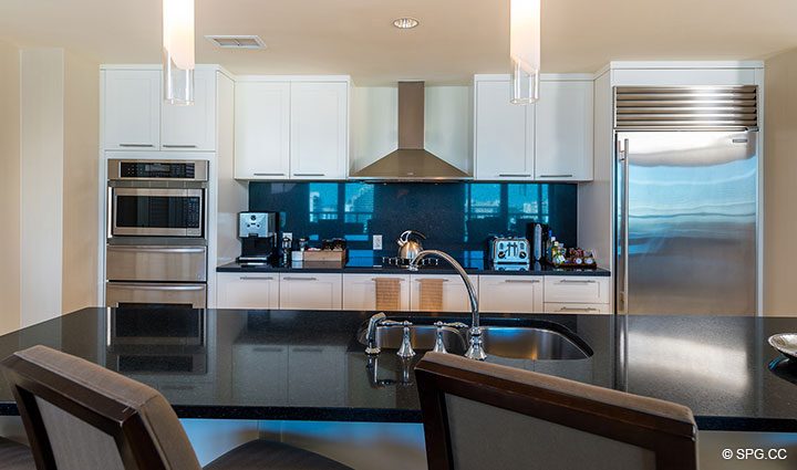 Kitchen with High-End Appliances in Apartment 1602 at the Ritz-Carlton Residences, Luxury Oceanfront Condominiums in Fort Lauderdale, Florida 33304.