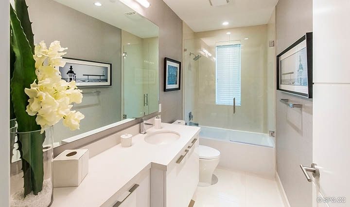 Guest Bath inside Residence 255 Shore Court at Sky230, Luxury Waterfront Townhomes in Lauderdale by the Sea, Florida 33308.
