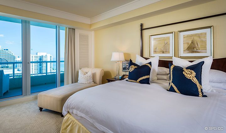 Master bed with Terrace Access in Apartment 1602 at the Ritz-Carlton Residences, Luxury Oceanfront Condominiums in Fort Lauderdale, Florida 33304.