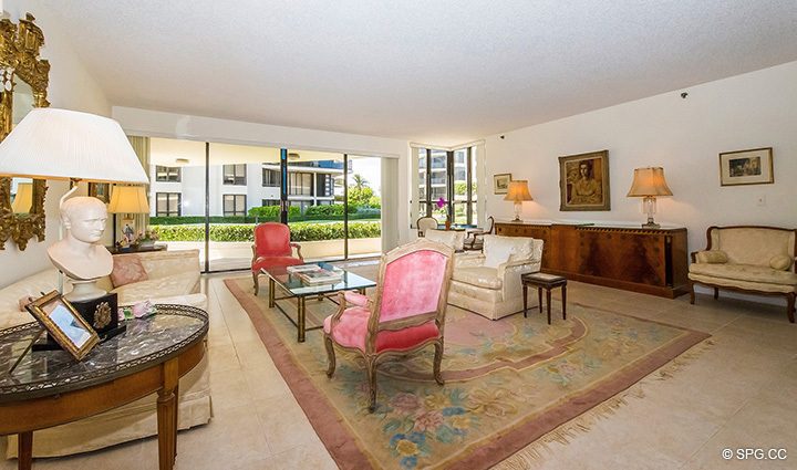 Spacious Living Area inside Residence 1-102 For Sale at Oasis, Luxury Oceanfront Condos in Palm Beach, Florida 33480.