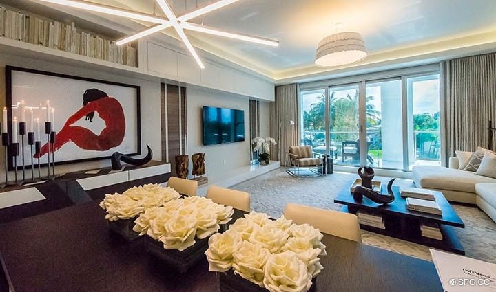 Living and Dining Room inside Residence 255 Shore Court at Sky230, Luxury Waterfront Townhomes in Lauderdale by the Sea, Florida 33308.