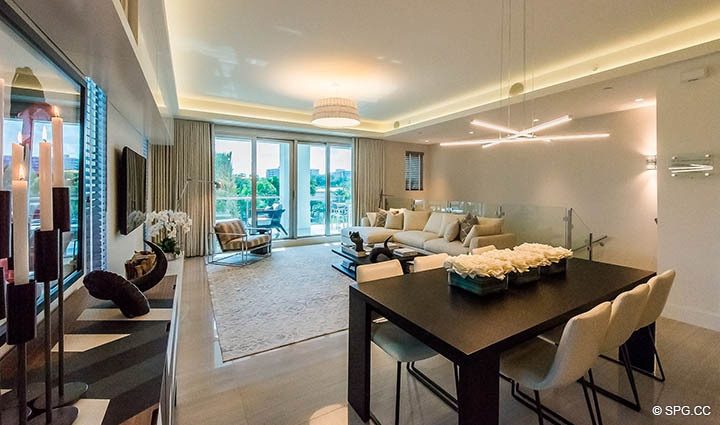 Open Dining and Living Room Design in Residence 255 Shore Court at Sky230, Luxury Waterfront Townhomes in Lauderdale by the Sea, Florida 33308.