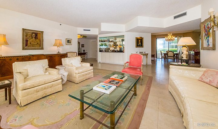 Bright and Open Living Room in Residence 1-102 For Sale at Oasis, Luxury Oceanfront Condos in Palm Beach, Florida 33480.