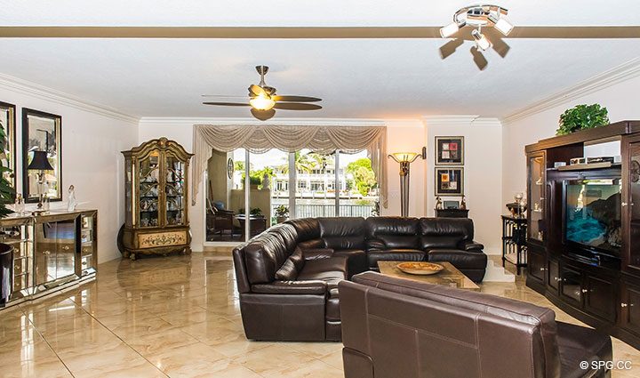 Living Room inside Residence 105 at La Cascade, Luxury Waterfront Condominiums in Fort Lauderdale, Florida 33304.