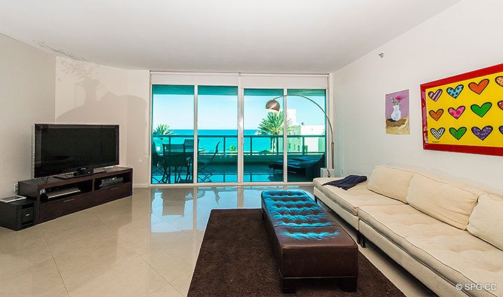 Living Room Terrace Access in Residence 803 at Las Olas Beach Club, Luxury Oceanfront Condos in Fort Lauderdale, Florida 33316.