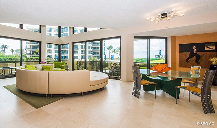 Living Room and Dining Room in Residence 1-101 at Oasis, Luxury Oceanfront Condos in Palm Beach, Florida 33480.