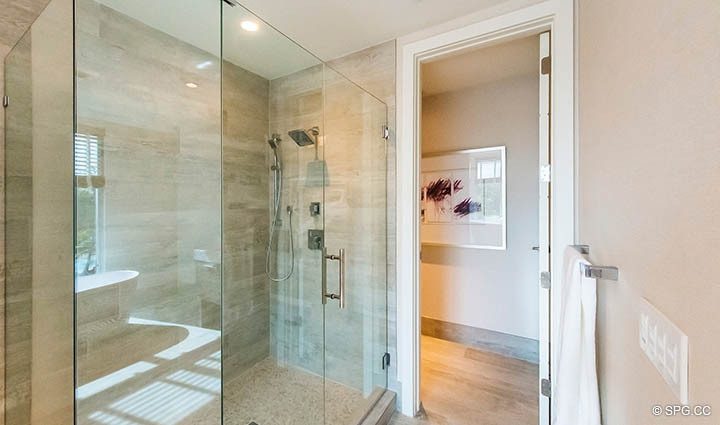 Glass Enclosed Master Shower in Residence 255 Shore Court at Sky230, Luxury Waterfront Townhomes in Lauderdale by the Sea, Florida 33308.