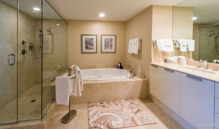 Master Bath with Whirlpool Tub in Residence 504 at La Rive, Luxury Waterfront Condos in Fort Lauderdale, Florida 33304.
