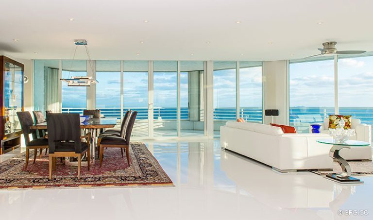 Living and Dining Area inside Residence 18D at Cristelle, Luxury Oceanfront Condominiums in Lauderdale by the Sea, Florida 33062.