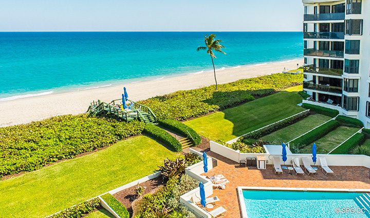 Beach and Pool Views from Residence 3-501 For Sale at Oasis, Luxury Oceanfront Condos in Palm Beach, Florida 33480.