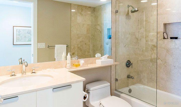 Guest Bathroom inside Residence 504 at La Rive, Luxury Waterfront Condos in Fort Lauderdale, Florida 33304.