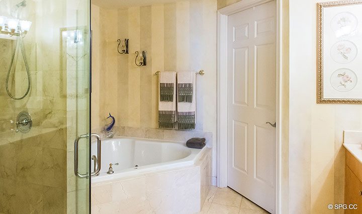 Master Bath with Jacuzzi Tub in Residence 105 at La Cascade, Luxury Waterfront Condominiums in Fort Lauderdale, Florida 33304.