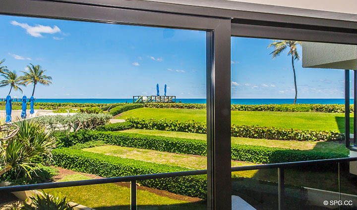 Living Room View from Residence 1-101 at Oasis, Luxury Oceanfront Condos in Palm Beach, Florida 33480.