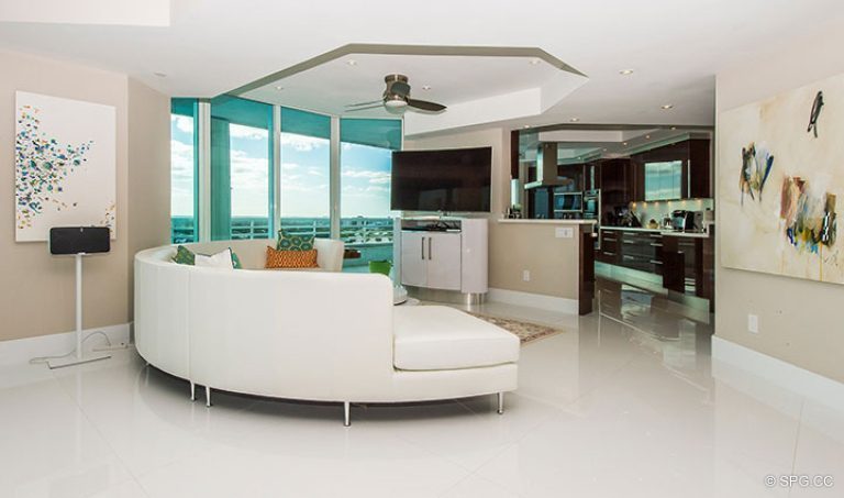Living Room inside Residence 18D at Cristelle, Luxury Oceanfront Condominiums in Lauderdale by the Sea, Florida 33062.