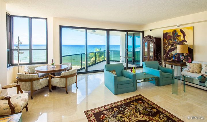 Living Room Terrace Access in Residence 1-503 For Sale at Oasis, Luxury Oceanfront Condos in Palm Beach, Florida 33480.
