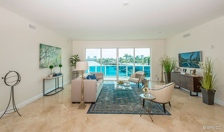 Expansive Great Room in Residence 4B at Aria at Las Olas, Luxury Waterfront Condos on Hendricks Isle in Fort Lauderdale, Florida 33301