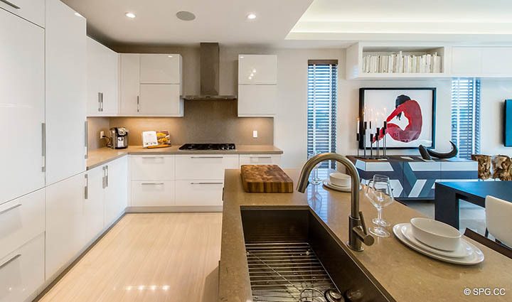 Open Gourmet Kitchen inside Residence 255 Shore Court at Sky230, Luxury Waterfront Townhomes in Lauderdale by the Sea, Florida 33308.