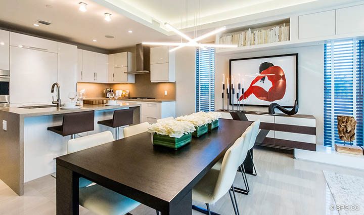 Dining Room and Kitchen in Residence 255 Shore Court at Sky230, Luxury Waterfront Townhomes in Lauderdale by the Sea, Florida 33308.