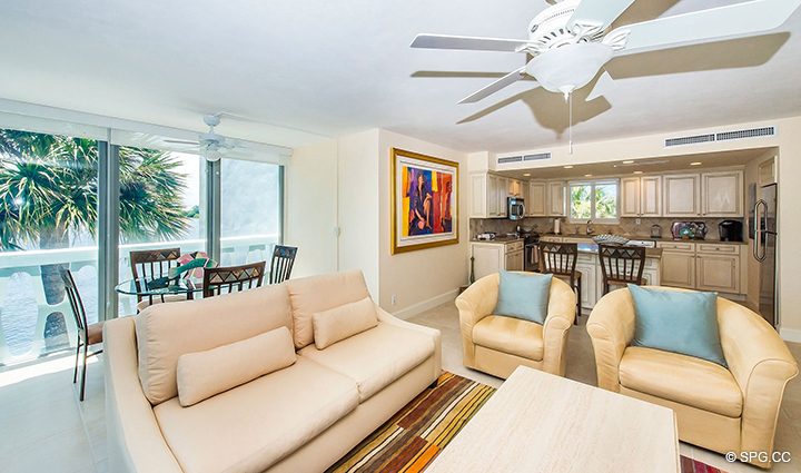 Living Room and Kitchen in Residence 316 at The President of Palm Beach, Luxury Waterfront Condos in Palm Beach, Florida 33480