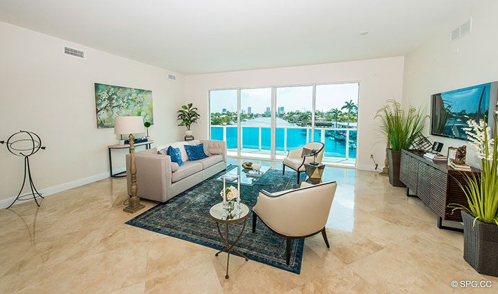 Living Room inside Residence 4B at Aria at Las Olas, Luxury Waterfront Condos on Hendricks Isle in Fort Lauderdale, Florida 33301