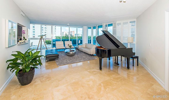 Spacious Living Room inside Residence 504 at La Rive, Luxury Waterfront Condos in Fort Lauderdale, Florida 33304.