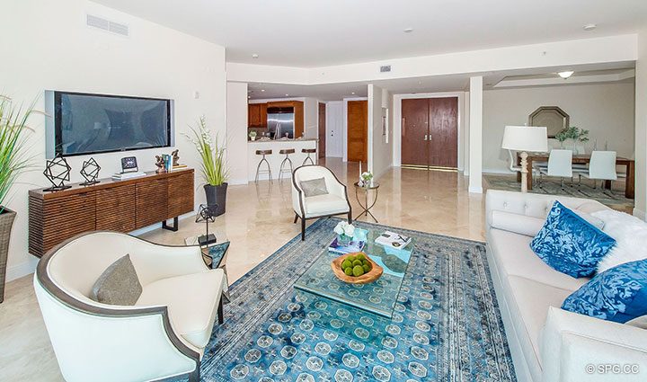 Spacious Living Room in Residence 4B at Aria at Las Olas, Luxury Waterfront Condos on Hendricks Isle in Fort Lauderdale, Florida 33301