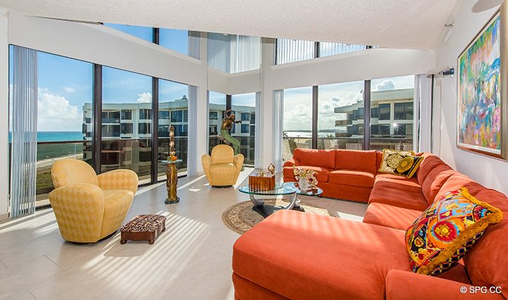 Living Room Views from Residence 3-501 For Sale at Oasis, Luxury Oceanfront Condos in Palm Beach, Florida 33480.