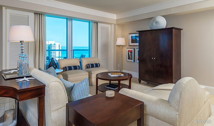 Living Room inside Apartment 1602 at the Ritz-Carlton Residences, Luxury Oceanfront Condominiums in Fort Lauderdale, Florida 33304.