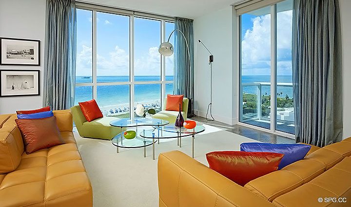 Living Room inside Residence 1402/3 at The Continuum, Luxury Oceanfront Condominiums in Miami Beach, Florida 33139.