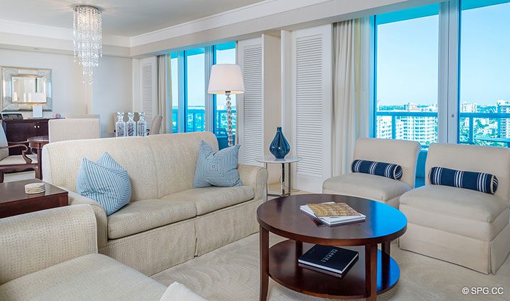 Living Room with Terrace Access in Apartment 1602 at the Ritz-Carlton Residences, Luxury Oceanfront Condominiums in Fort Lauderdale, Florida 33304.