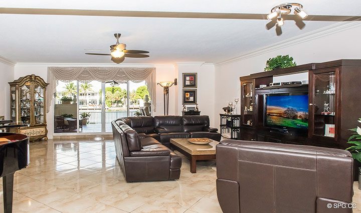 Spacious Living Room inside Residence 105 at La Cascade, Luxury Waterfront Condominiums in Fort Lauderdale, Florida 33304.