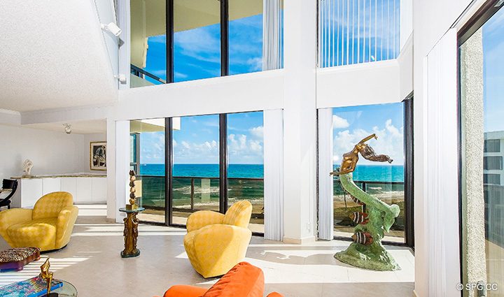 Living Room Views from Residence 3-501 For Sale at Oasis, Luxury Oceanfront Condos in Palm Beach, Florida 33480.