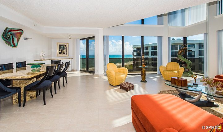 Living and Dining areas inside Residence 3-501 For Sale at Oasis, Luxury Oceanfront Condos in Palm Beach, Florida 33480.