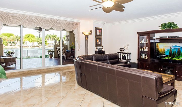 Living Room with Terrace Access in Residence 105 at La Cascade, Luxury Waterfront Condominiums in Fort Lauderdale, Florida 33304.