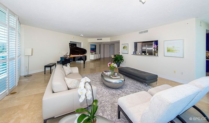Spacious Living Area in Residence 504 at La Rive, Luxury Waterfront Condos in Fort Lauderdale, Florida 33304.