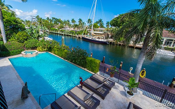 Balcony View of Pool and Intracoastal Canal from Luxury Waterfront Estate Home,146 Nurmi Drive, Fort Lauderdale, Florida 33301